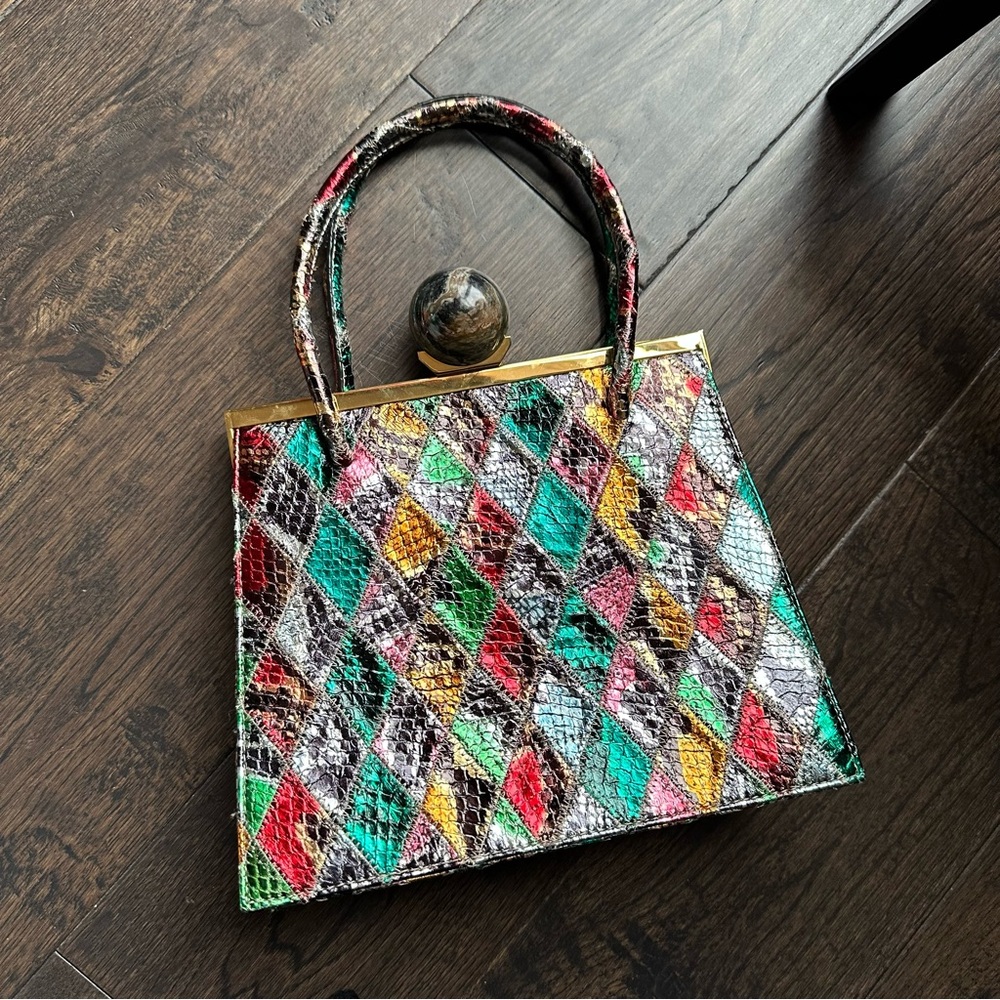 Marie Laure Rectangle Frame Bag Multicolored Patch Chamorel Python Handbag RARE - Picture 7 of 16